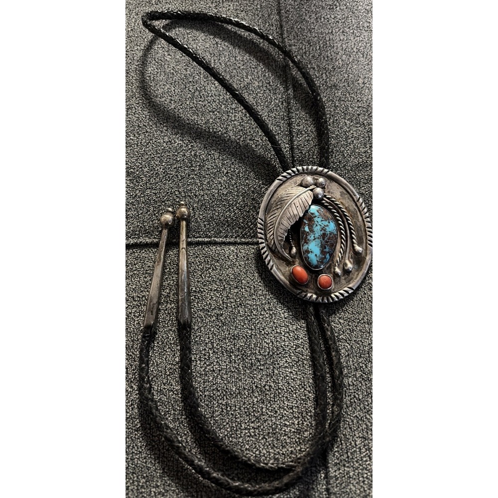 Vtg Native Turquoise Coral Silver Bolo Tie On Braided Leather With Silver Ends